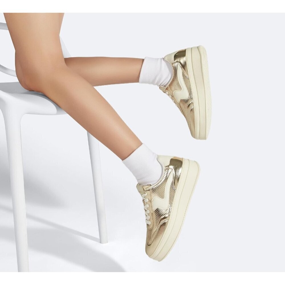 Women Platform Gold White Sneaker Thick Sole Suede Leather Low Top Walking Shoes - Picture 7 of 9
